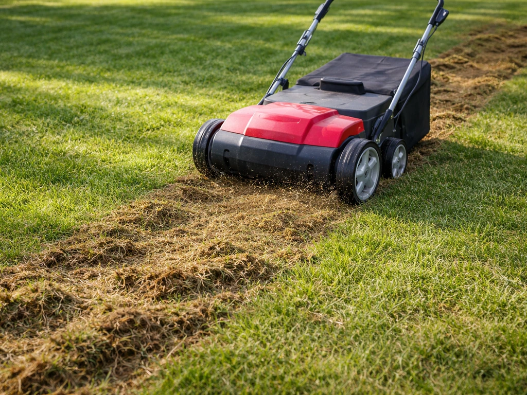 Pelouse aérée avec un scarificateur à dents, sol visible, chaume réduit et meilleure texture