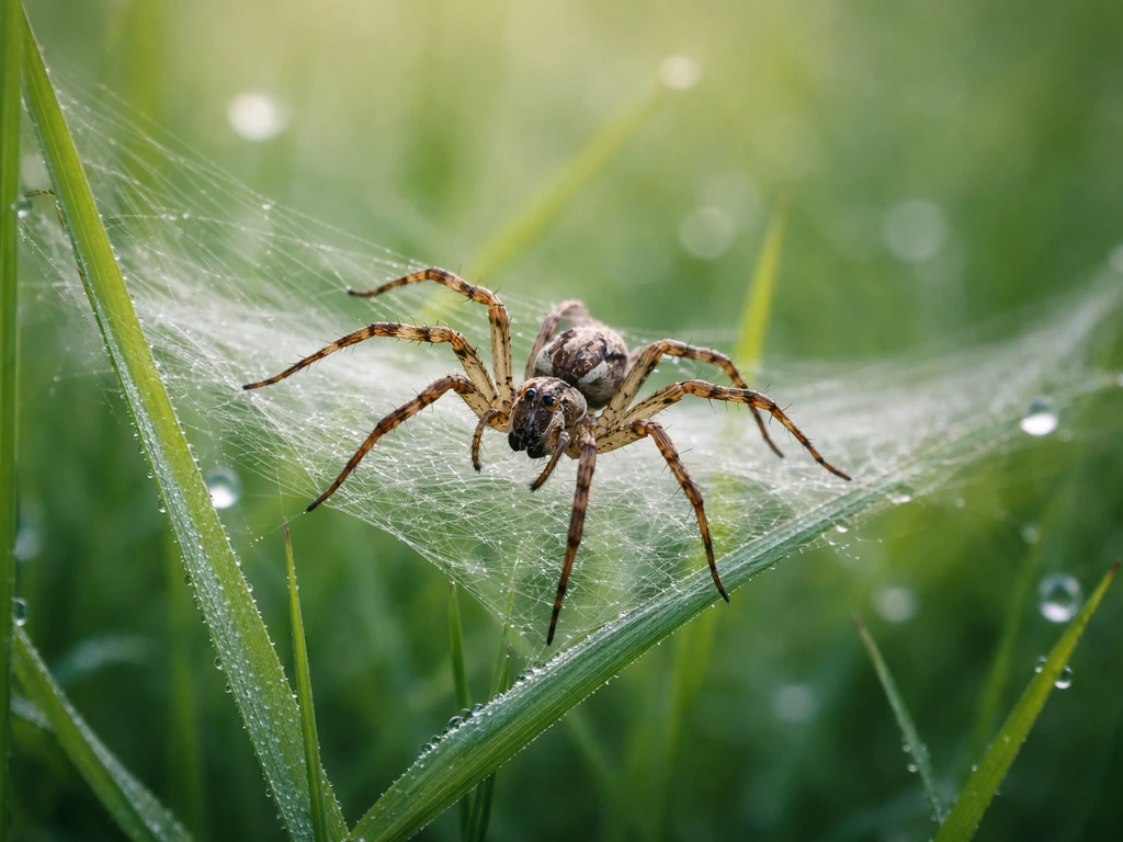 Gros plan d’une araignée pelouse sur un brin d’herbe avec de la rosée, toile légère dans la pelouse.