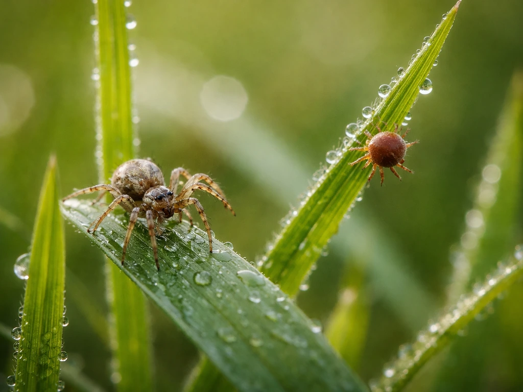 Macro d’une pelouse avec de petites araignées à huit pattes et autres micro-invertébrés sur l’herbe.