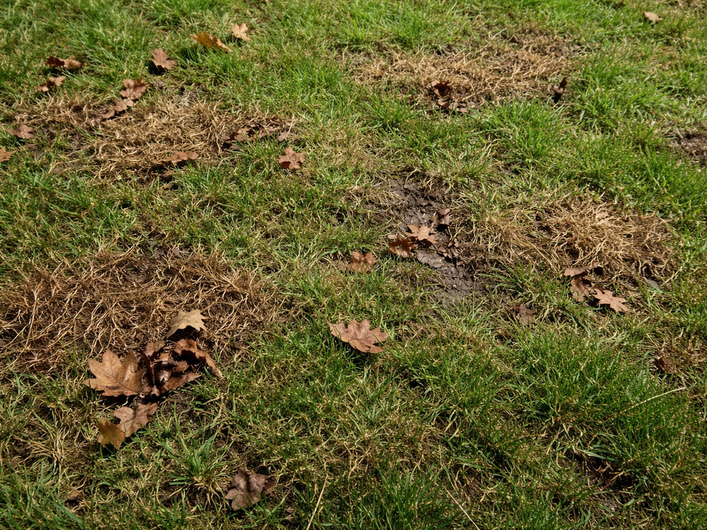 Pelouse avec feuilles mortes et zones humides, texture de feutre de gazon visible en vue de dessus.
