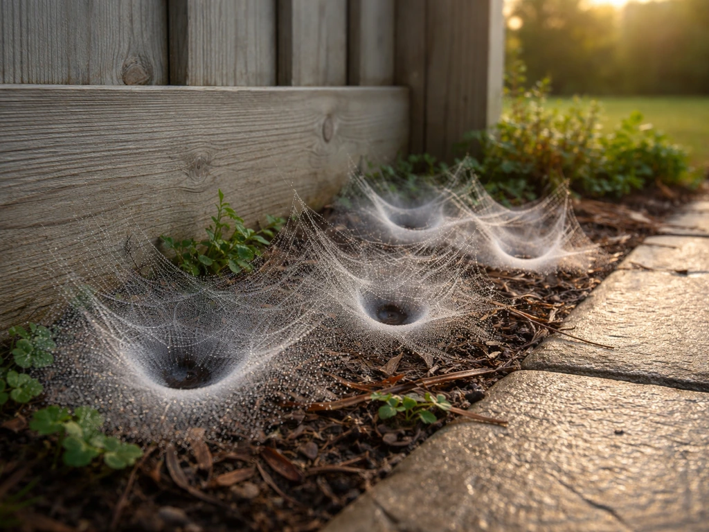 Toiles d’araignées visibles au ras du sol dans l’angle d’une clôture, avec rosée du matin.