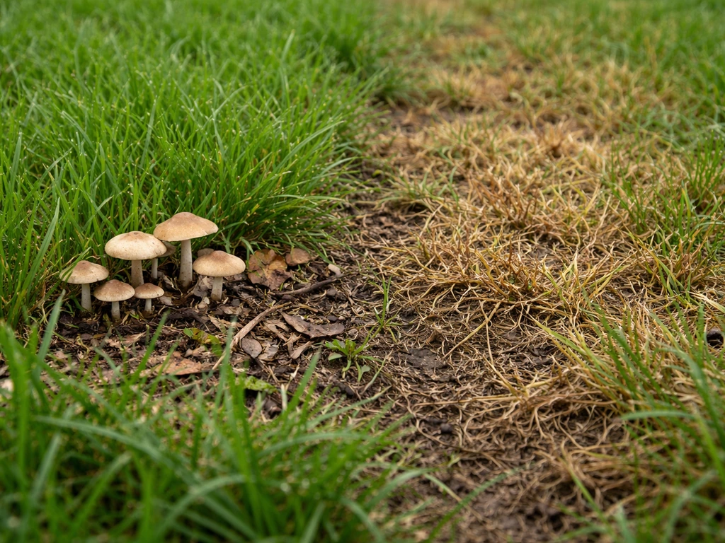 Comparaison sur une pelouse : champignons en surface à gauche, herbe jaunie et clairsemée liée à une maladie à droite.