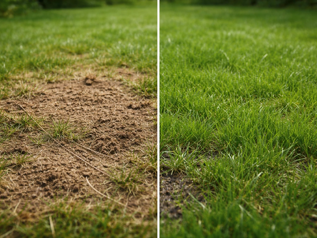 Avant/après : pelouse grattée puis regarnie, zone sombre recouverte d’herbe verte