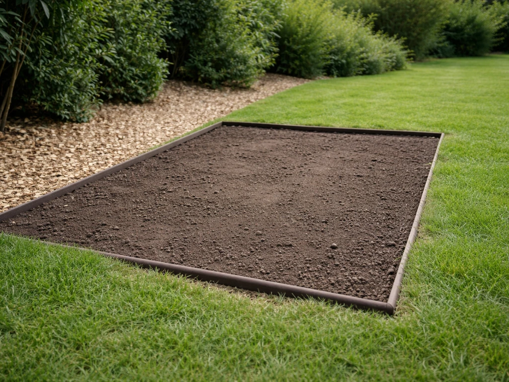 Coin de jardin avec bande de terre nue et bordure légère, chien absent, pelouse à côté