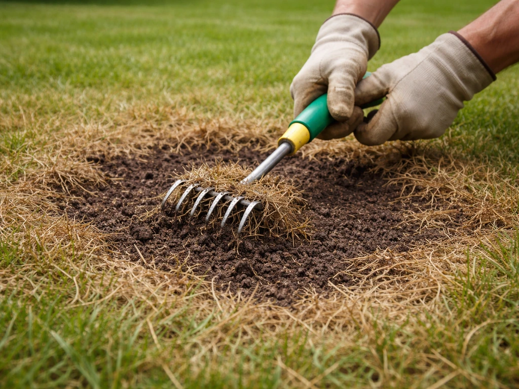 Mains utilisant un scarificateur pour retirer l’herbe morte d’une zone brûlée de pelouse, avant regarnissage.