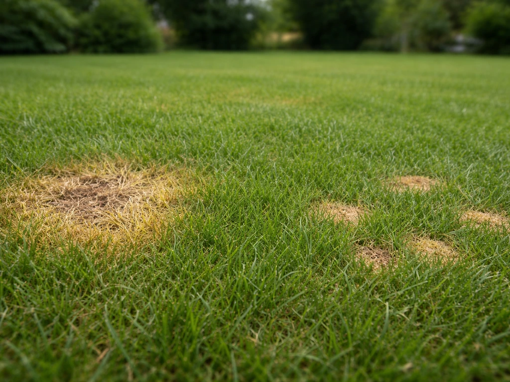 Pelouse avec deux zones distinctes : tache jaunâtre irrégulière près d’une zone ronde suspecte de champignon.
