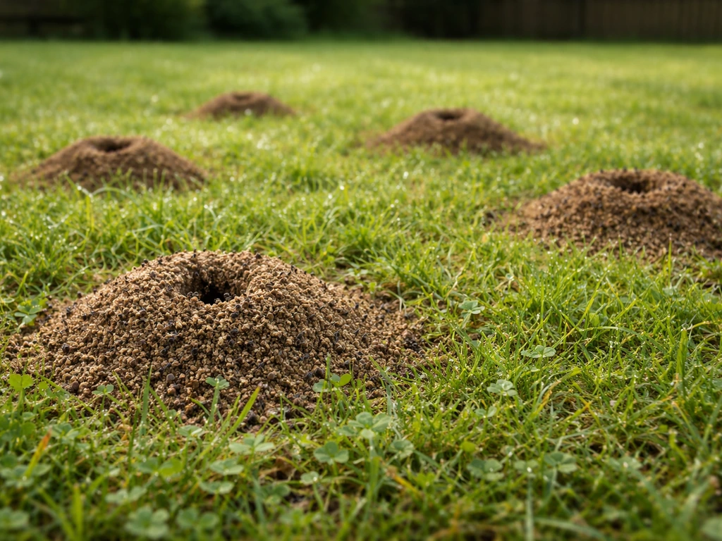 Gros plan d’une pelouse avec plusieurs monticules de terre dus à des fourmis, herbe et fourmis visibles.