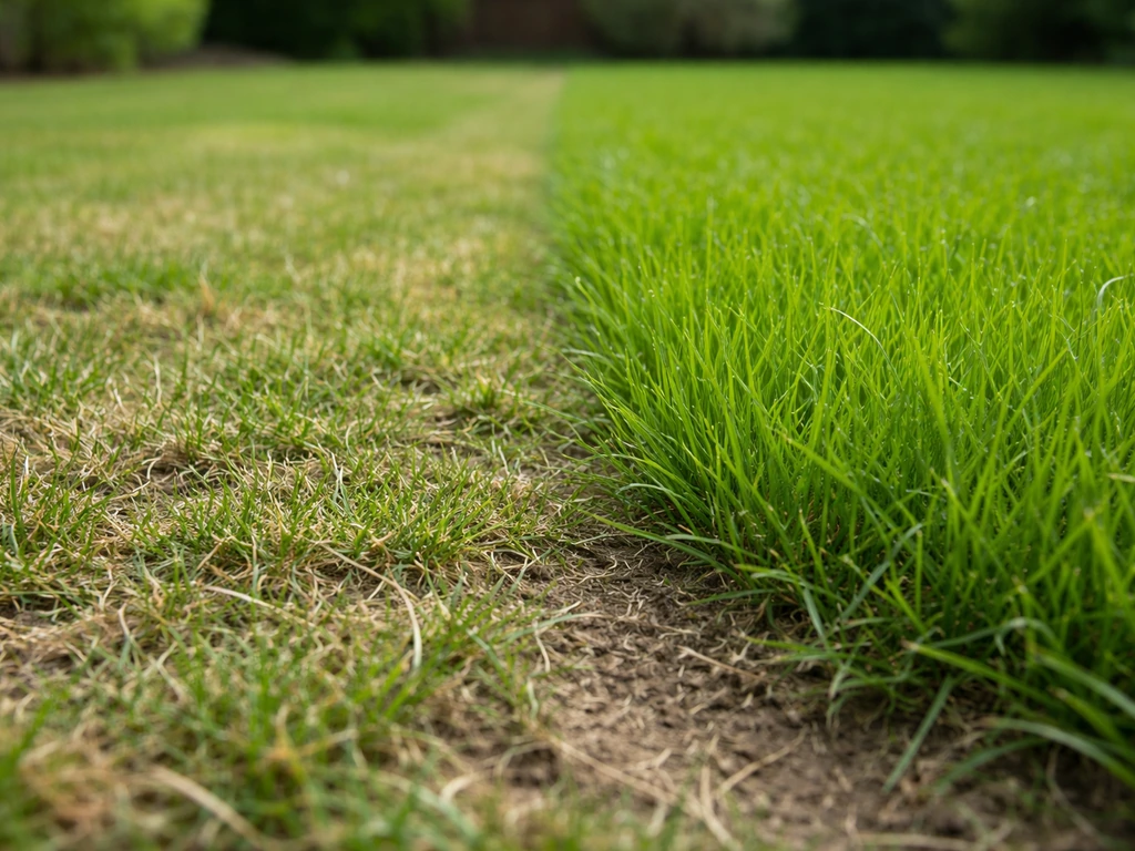 Gazon tondu trop court avec zones dénudées, comparé à une bordure de gazon plus haut et dense.
