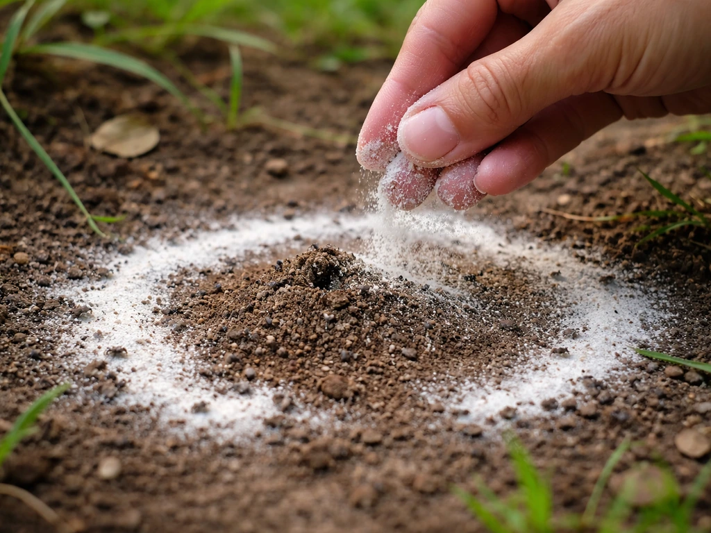 Saupoudrage de terre de diatomée en fine couche sur les trajets et autour d’un monticule de fourmis.