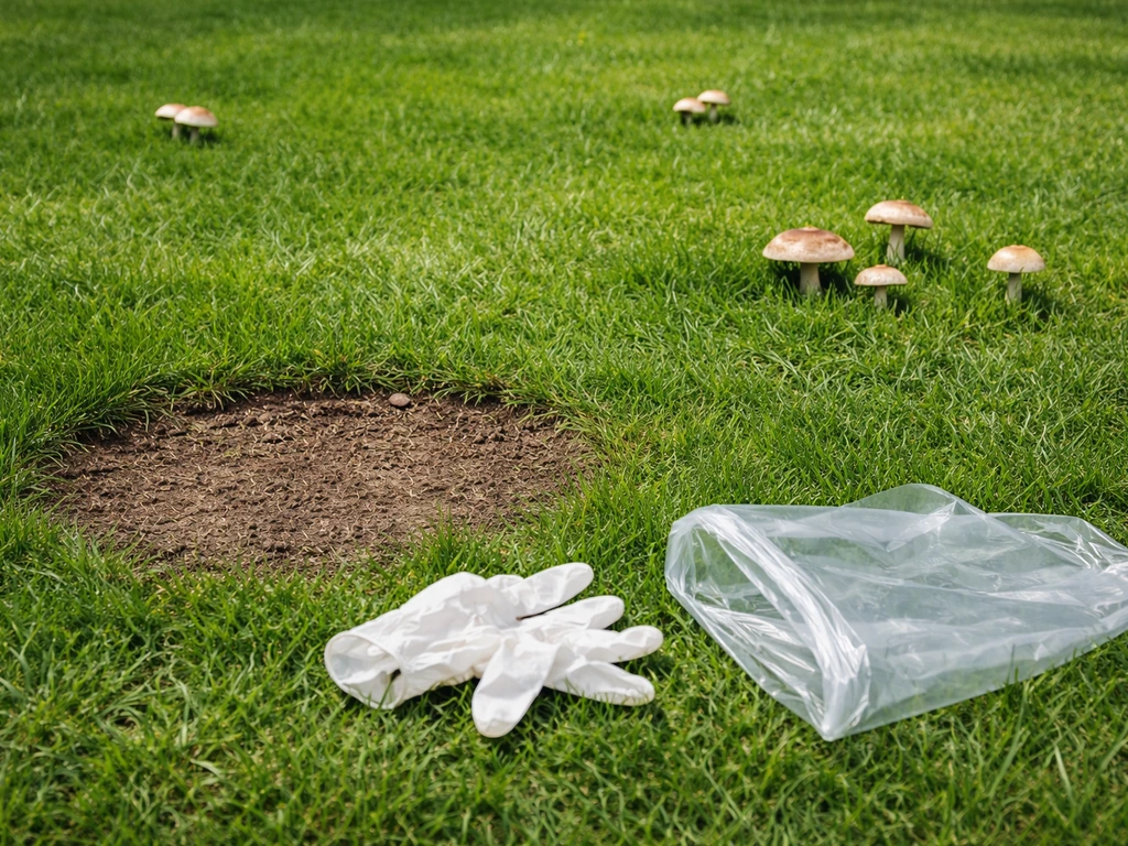 Pelouse française avec plusieurs champignons visibles et une zone mise à l’écart avec gants au premier plan.
