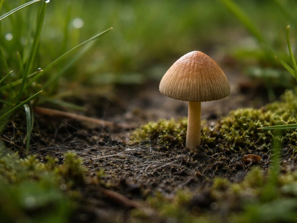 Gros plan d’un champignon de pelouse sortant de terre, avec filaments discrets suggérant le mycélium.