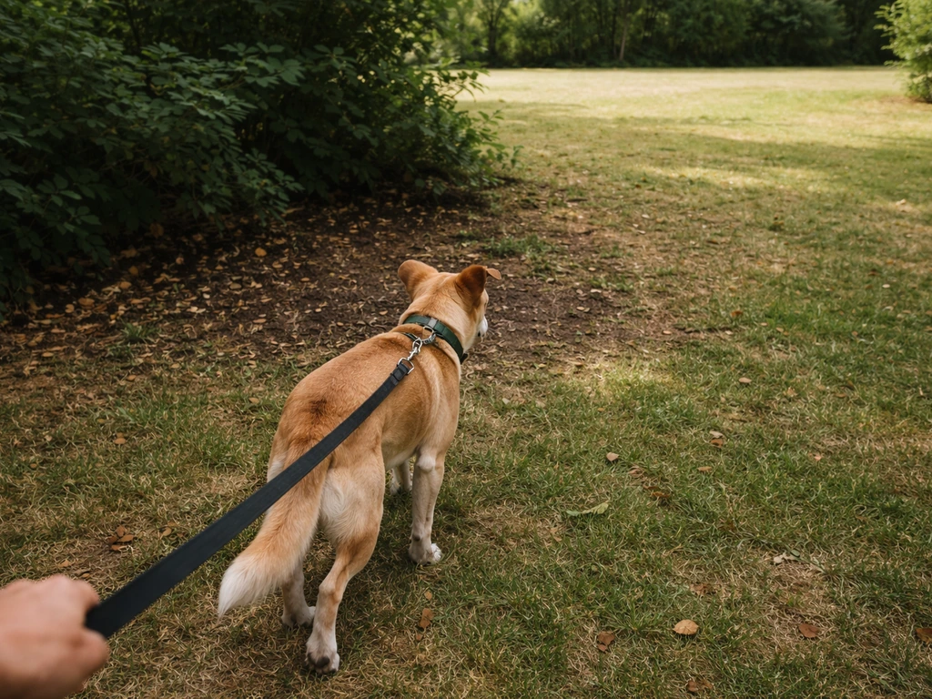 Chien tenu à distance dans un jardin, marchant vers une zone propre après avoir mangé un champignon