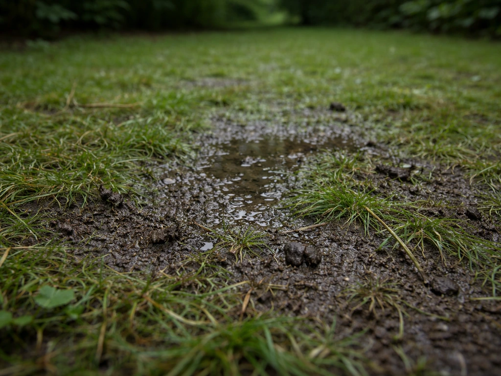 Zone de pelouse ombragée et humide après la pluie, sol sombre, petites zones nues et trous visibles.