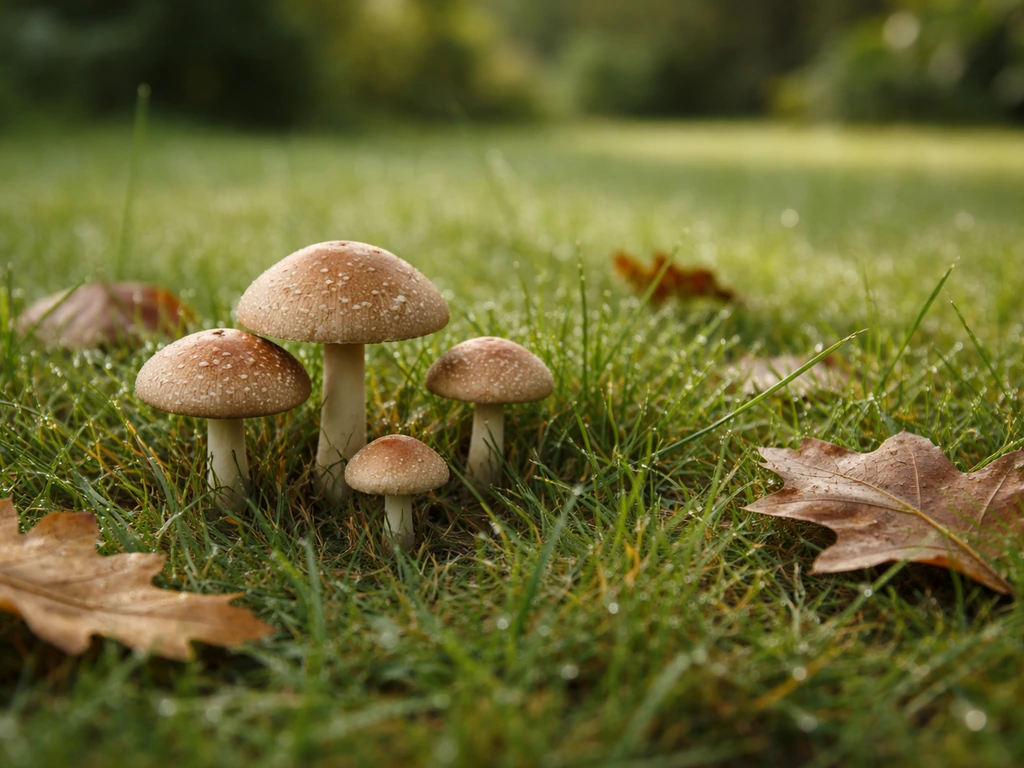 Pelouse française avec plusieurs champignons visibles près du sol, ambiance jardin naturel.