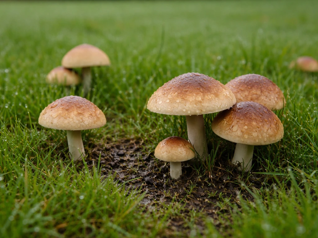 Chapeaux de champignons sortant du gazon, terre humide et brins d’herbe visibles, photo très rapprochée.