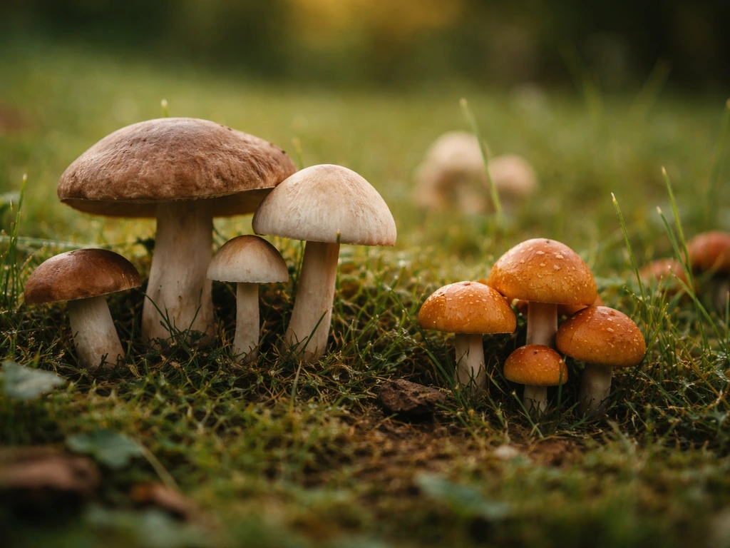 Gros plan au sol de plusieurs champignons de pelouse aux couleurs et formes variées, sous une lumière naturelle.