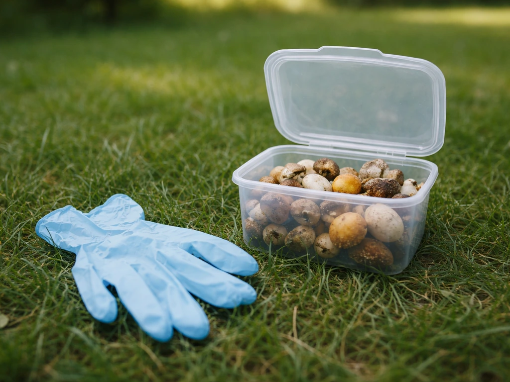 Gants et boîte à déchets avec des champignons ramassés sur une pelouse, pour une mise en garde