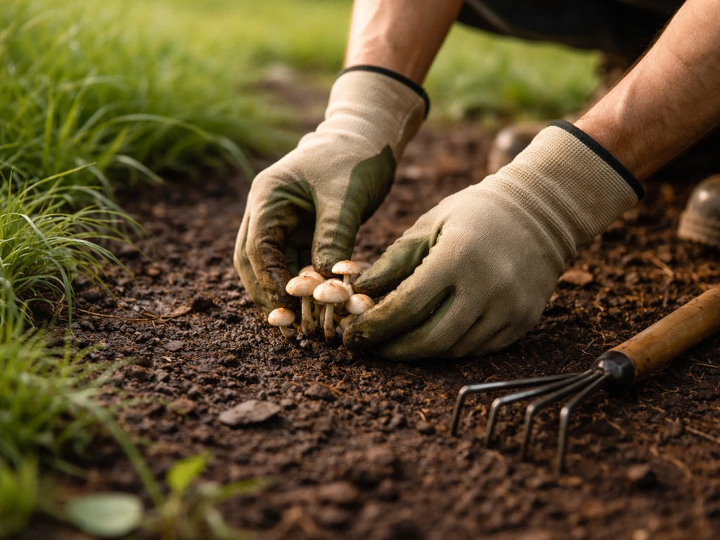 Main gantée ramassant des champignons dans un jardin, sans les broyer, avec un petit râteau en arrière-plan