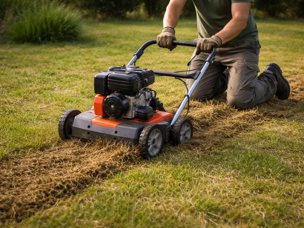 Scarification d’une pelouse : une scarificatrice retire le feutre et soulève l’herbe, jardin au naturel.