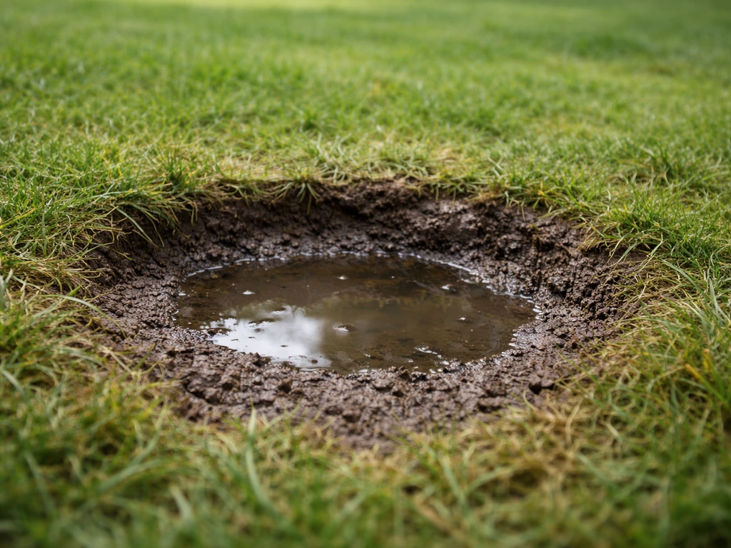 Gros plan d’un trou dans une pelouse avec sol nu humide et bordure d’herbe verte autour.