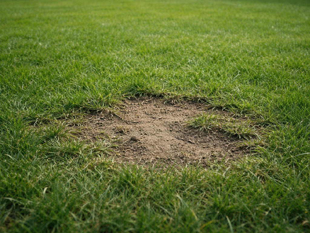 Pelouse verte avec une zone dégarnie et un bord irrégulier, vue rapprochée pour repérer la zone touchée.