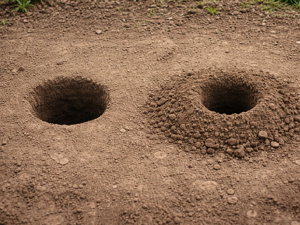 Deux trous de jardin distincts : trou rond isolé et monticule en « volcan » autour, sur sol naturel.