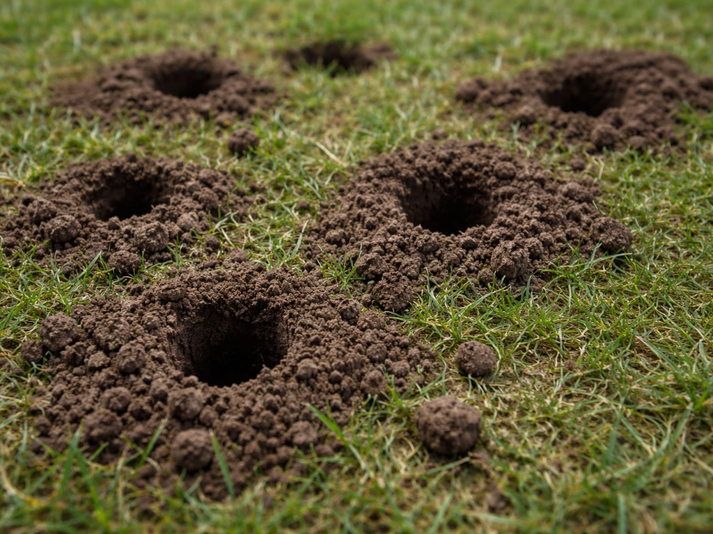 Gros plan de trous nets dans un gazon, avec terre remuée près des orifices d’animaux fouisseurs.