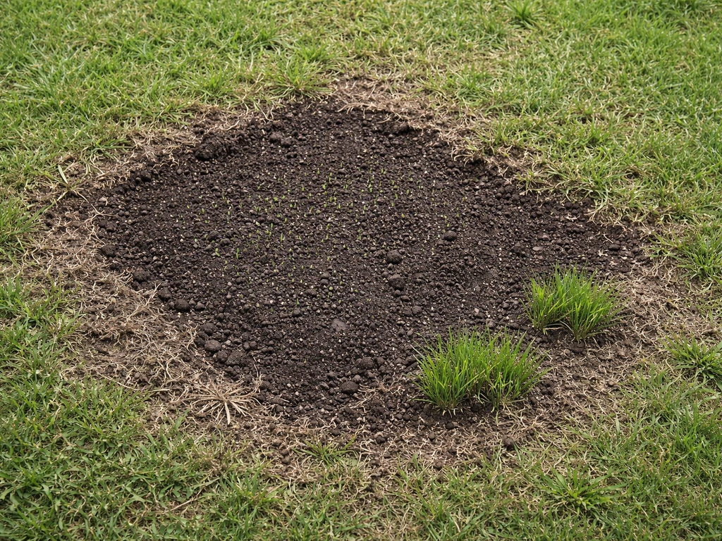 Petit carré de pelouse réparé : terre préparée et jeunes brins d’herbe en reprise après le resemis.