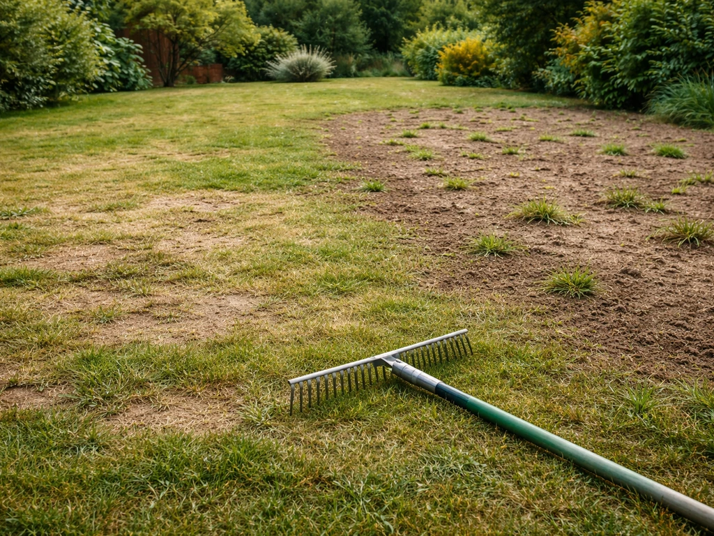 Pelouse abîmée en France, puis zones préparées pour relancer la pousse avec un râteau de jardin