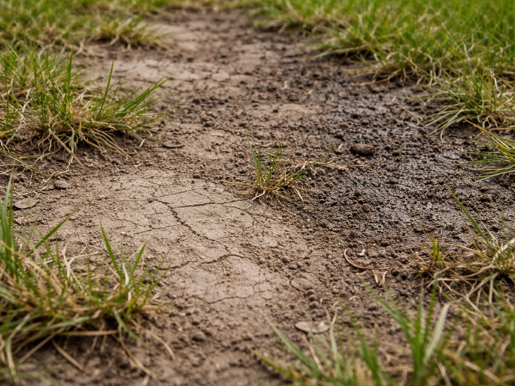 Gros plan sur un sol de pelouse abîmé, compacté et peu drainant, avec zones à structure dégradée.