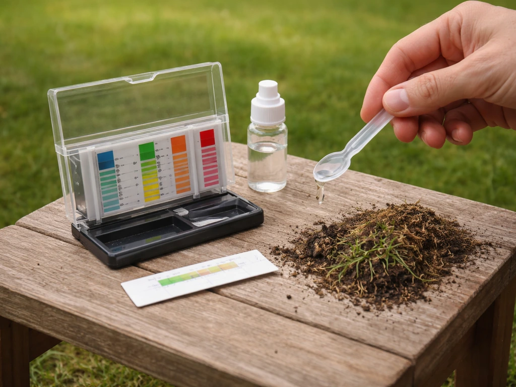 Kit de test de pH de jardinerie ouvert, avec échantillon de terre et goutte de solution à l’extérieur.