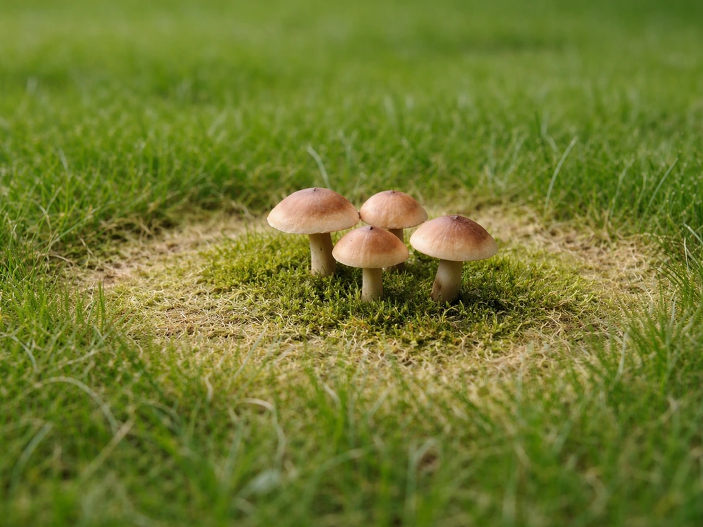 Pelouse en rouleau avec champignons visibles et une zone circulaire dégradée autour.