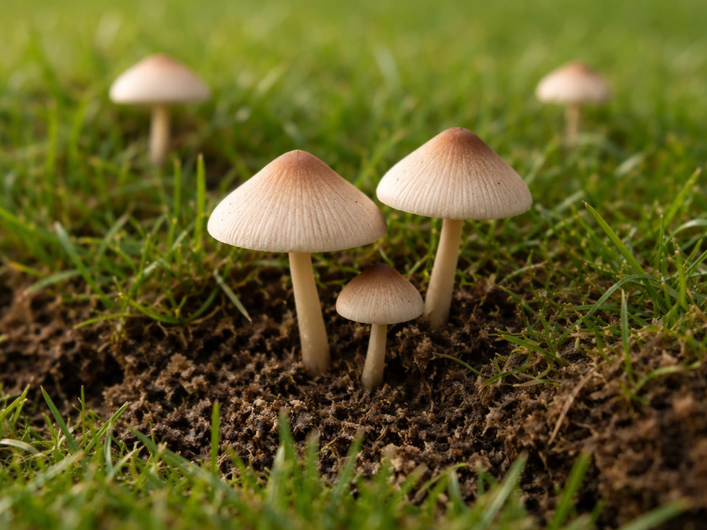Gros plan de champignons sur pelouse en rouleau, chapeaux et pieds visibles, herbe et terre en arrière-plan.