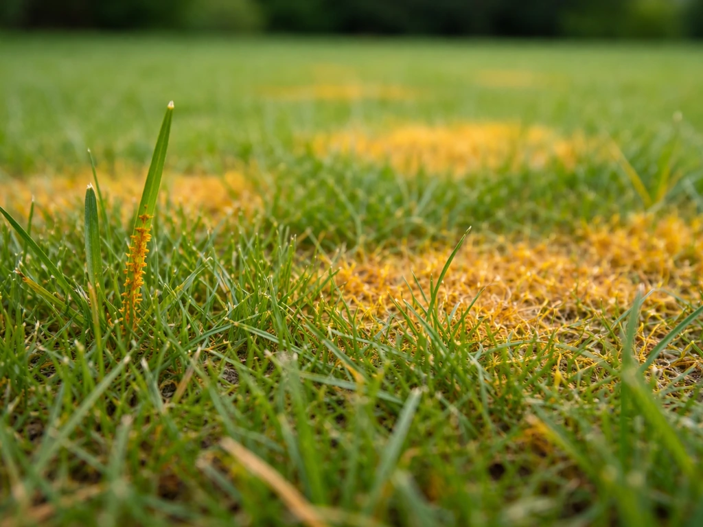 Pelouse de jardin avec des zones jaunies et orangées, mise au point pour évoquer le diagnostic de la rouille.