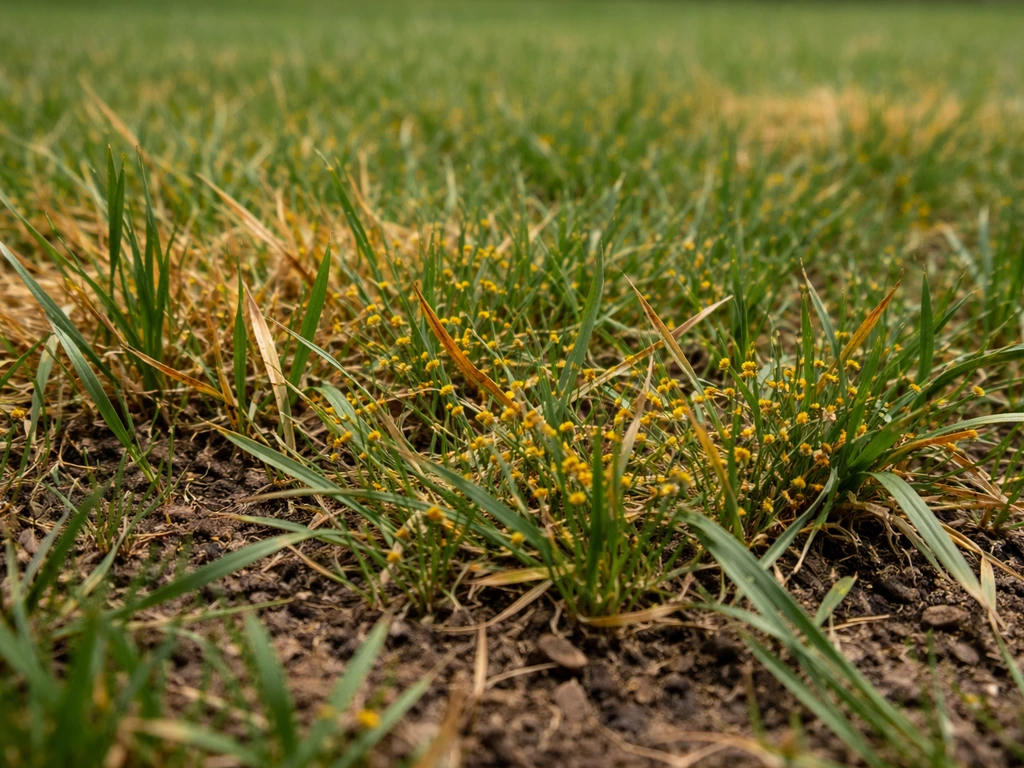 Gros plan sur un gazon avec taches orangées et zones jaunies typiques de la rouille
