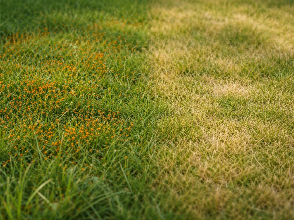 Pelouse côte à côte : pustules orange de rouille à gauche, jaunissement sans pustules à droite.