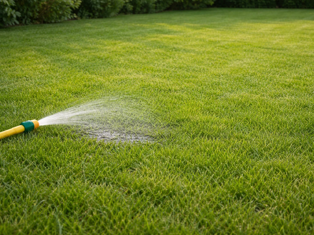Pelouse verte tondue à 5–7 cm, arrosage discret au tuyau, sol légèrement humide et propre.