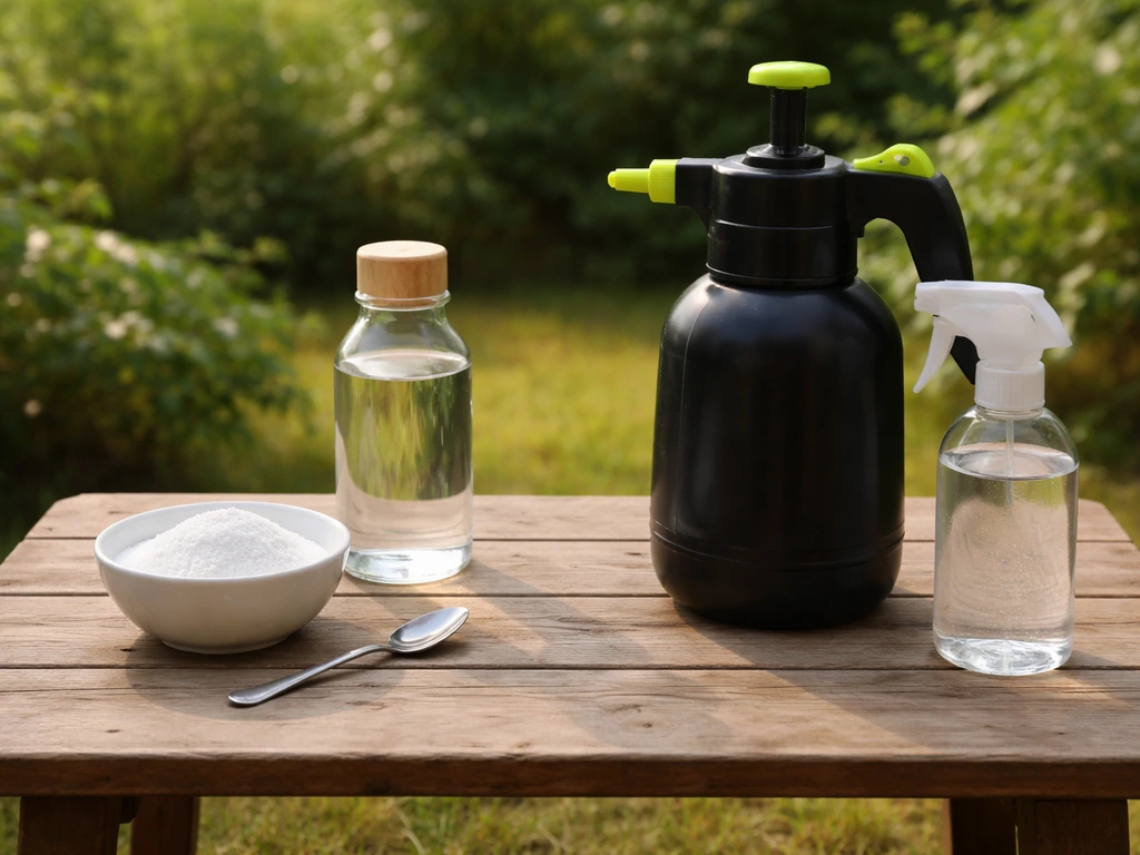 Deux contenants sur une table en bois : poudre douce et pulvérisateur pour distinguer naturel vs chimique.
