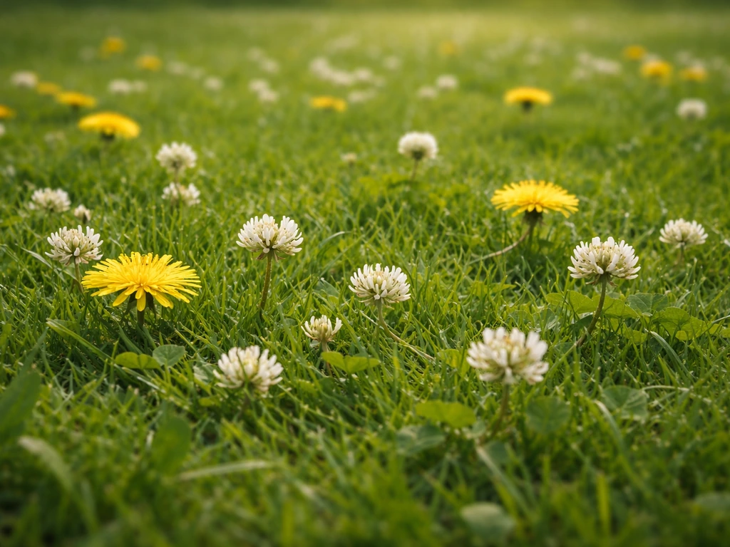 Gazon français avec pissenlits et trèfle blanc qui ressortent clairement au milieu de l’herbe.