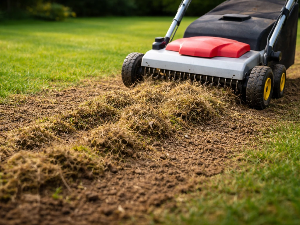 Scarificateur tiré sur une pelouse : feutre et mousse soulevés à la surface, sol aéré.