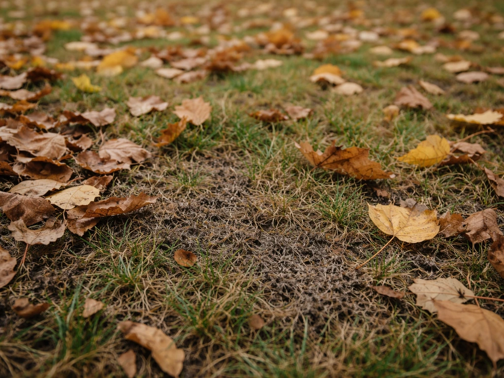 Pelouse d’automne avec feuilles mortes éparses et feutrage naissant, gazon visible par endroits.