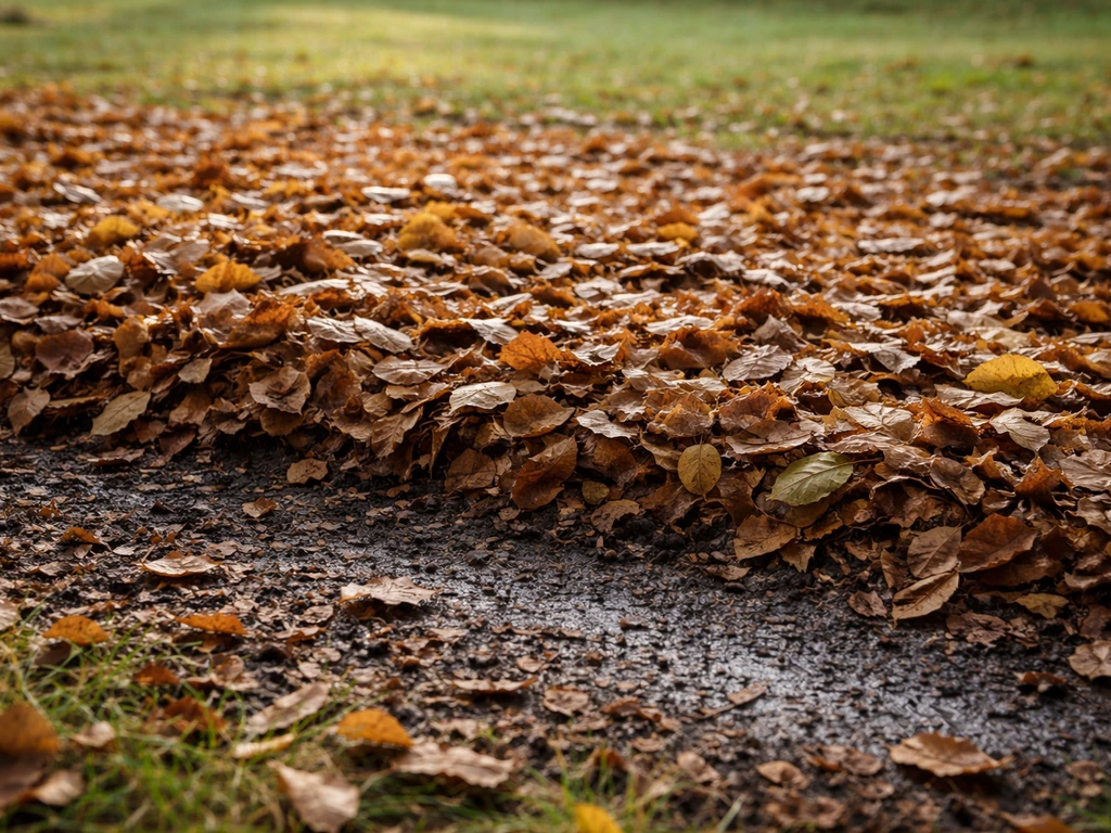 Gros plan sur un tapis de feuilles mortes de 3 à 4 cm au sol, avec une zone sombre et humide dessous.