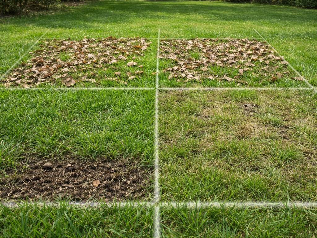 Pelouse divisée en quatre zones montrant feuilles en surface, accumulation récente, feutre épais et zones dégradées.