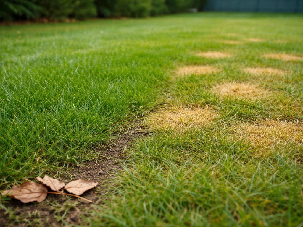 Pelouse avec zones jaunies persistantes, contraste avec une zone nettoyée où les feuilles ont été retirées.