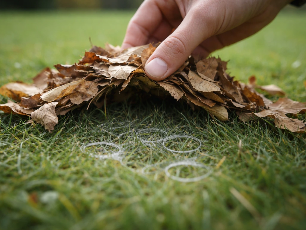 Feuilles de gazon retirées révélant des filaments et des anneaux au milieu de l’herbe