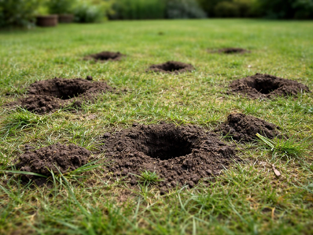 Petits trous ronds de 3 à 5 cm dans une pelouse, terre retournée, vue rapprochée après passage d’un animal
