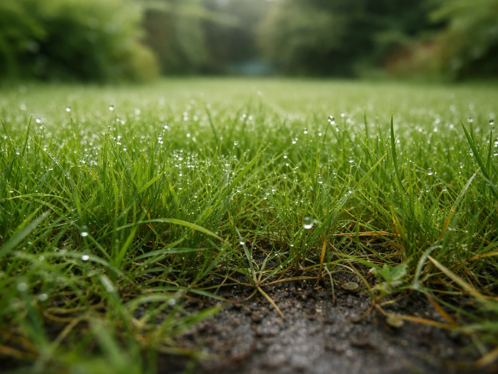 Pelouse humide et jaunie, rosée sur les brins d’herbe après une pluie, vue ras du sol.