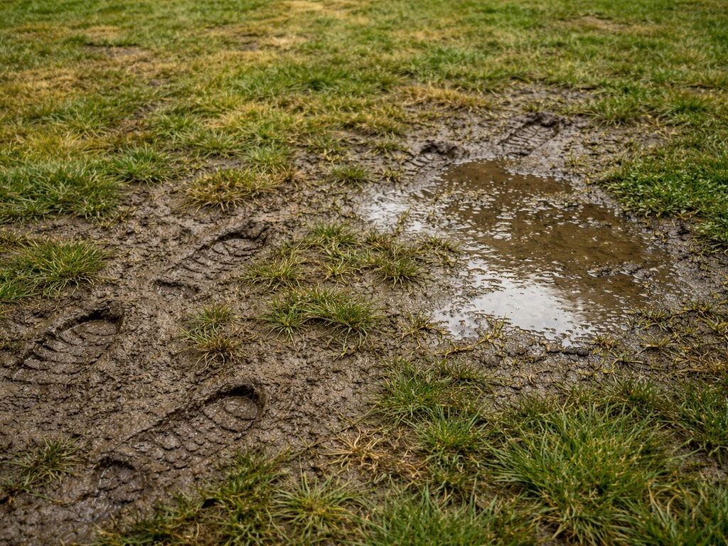 Sol de pelouse compacté, zones jaunies et surface humide après arrosage, traces de piétinement visibles.