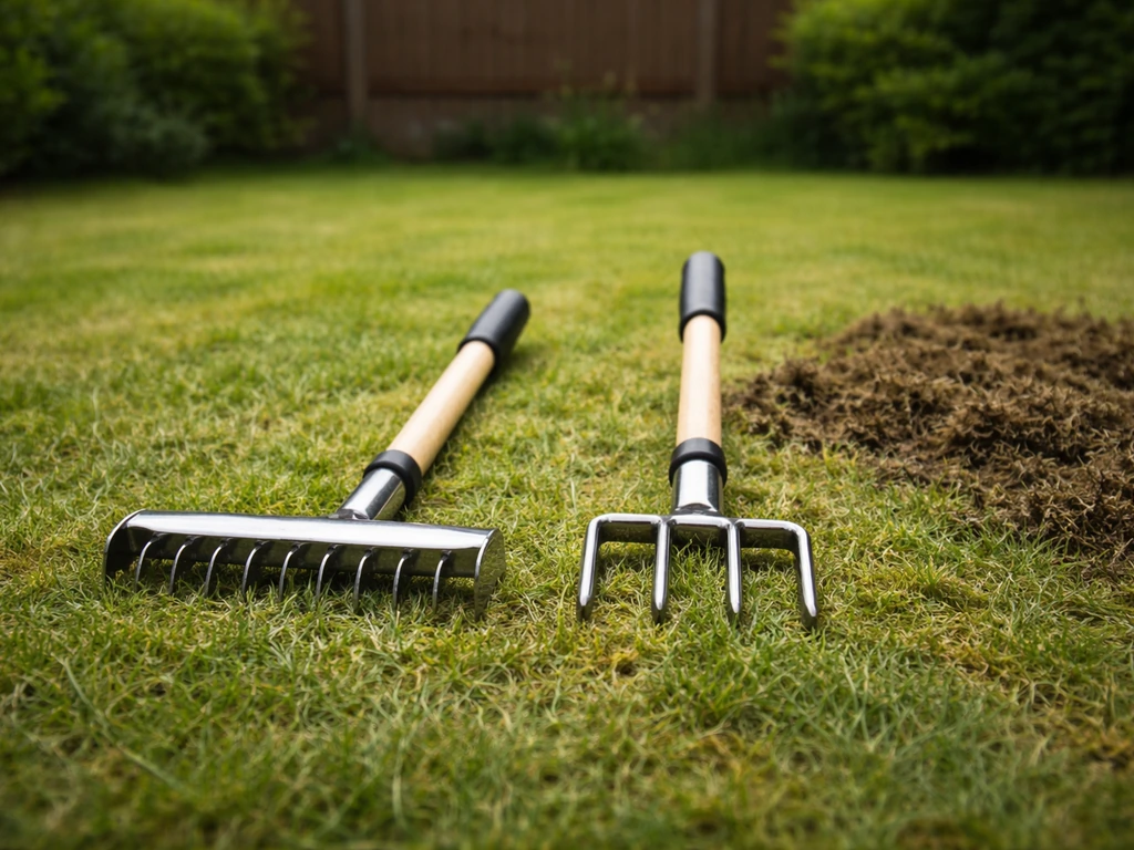 Scarificateur et aérateur posés près d’une zone de pelouse à traiter, ambiance jardin minimaliste.