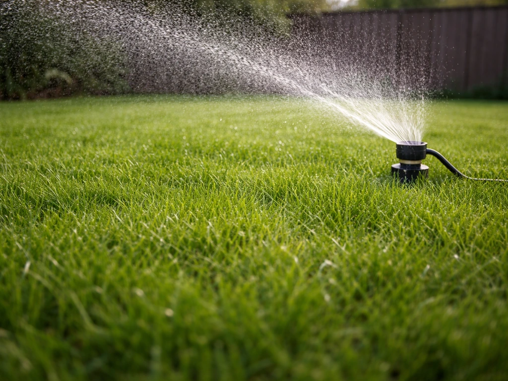 Jardinier arrose une pelouse dense au matin, pluie fine et verdure en reprise, pour prévenir les champignons.